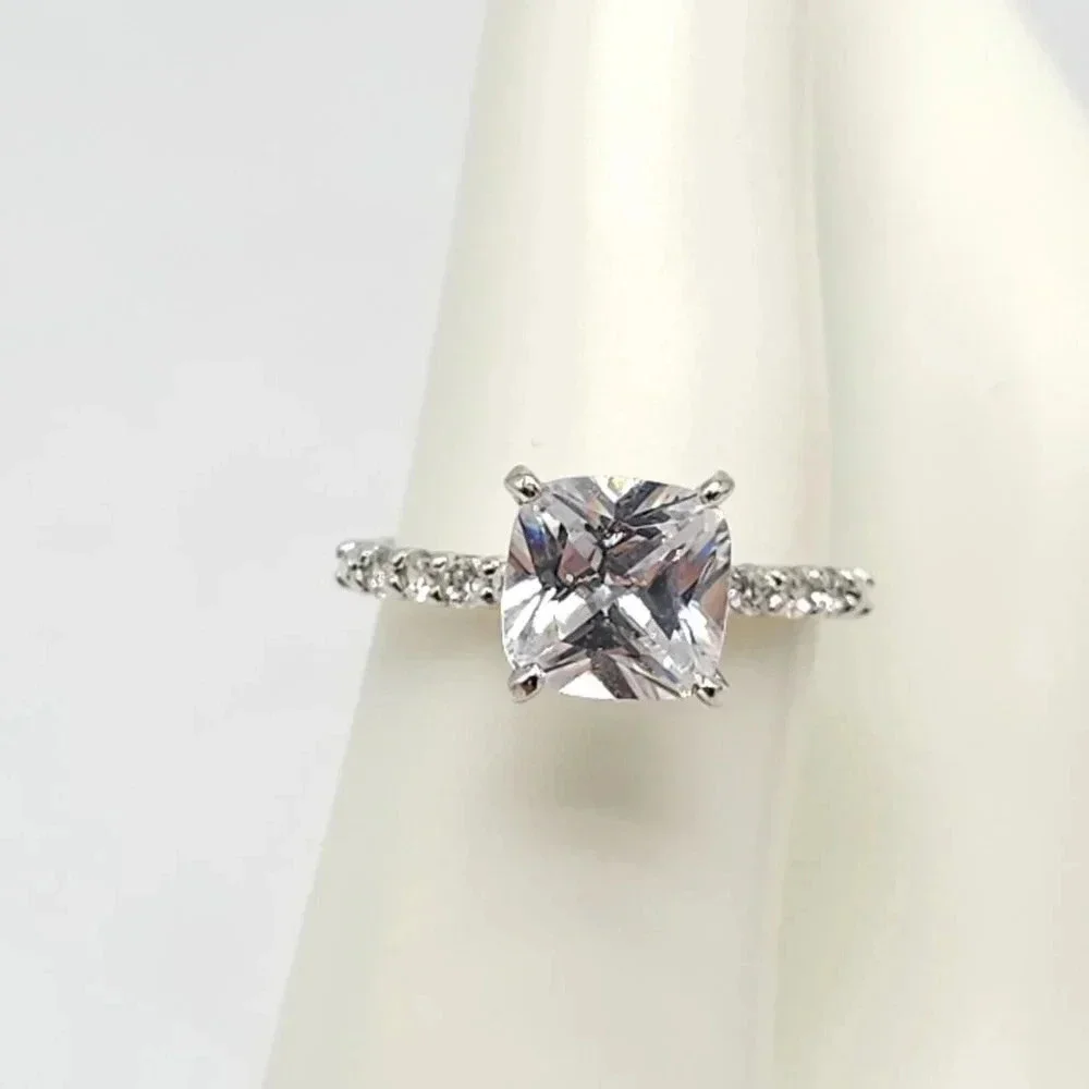 Square Cushion Cut Clear Crystal Engagement Cocktail Ring Silver Tone 7.25